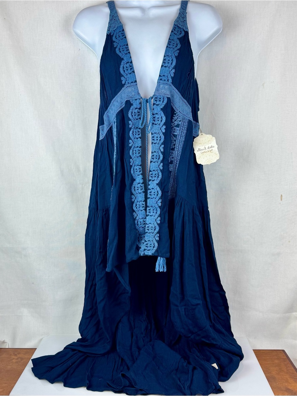 Altar'd State Navy blue boho embroidered maxi duster vest dress M - NWT